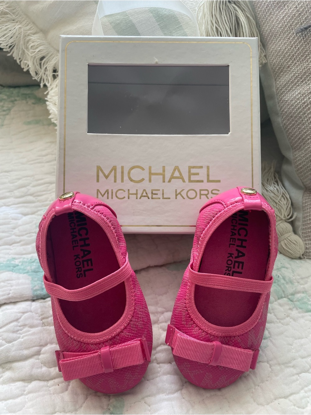 Michael Kors Bright Pink Bow Mary Jane Baby Shoes